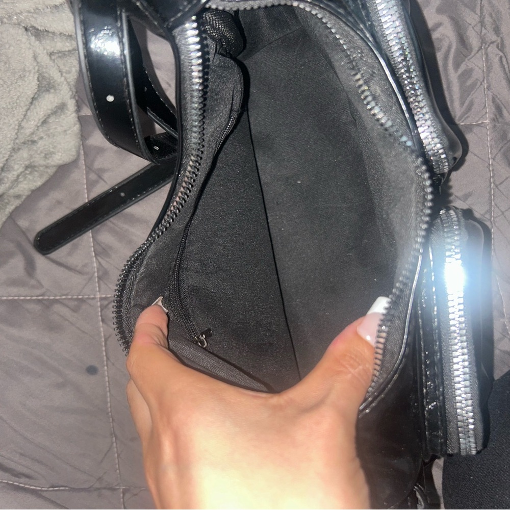 Black Patent Shoulder Bag with Front Pockets - Picture 3 of 4